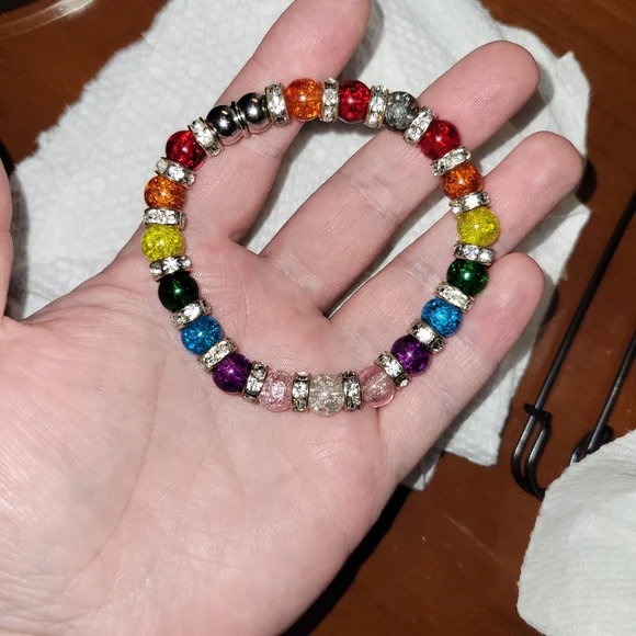 Handmade Rainbow Beaded Memory Wire Pride Bracelet Vintage Crackle Beads Love - Picture 3 of 5
